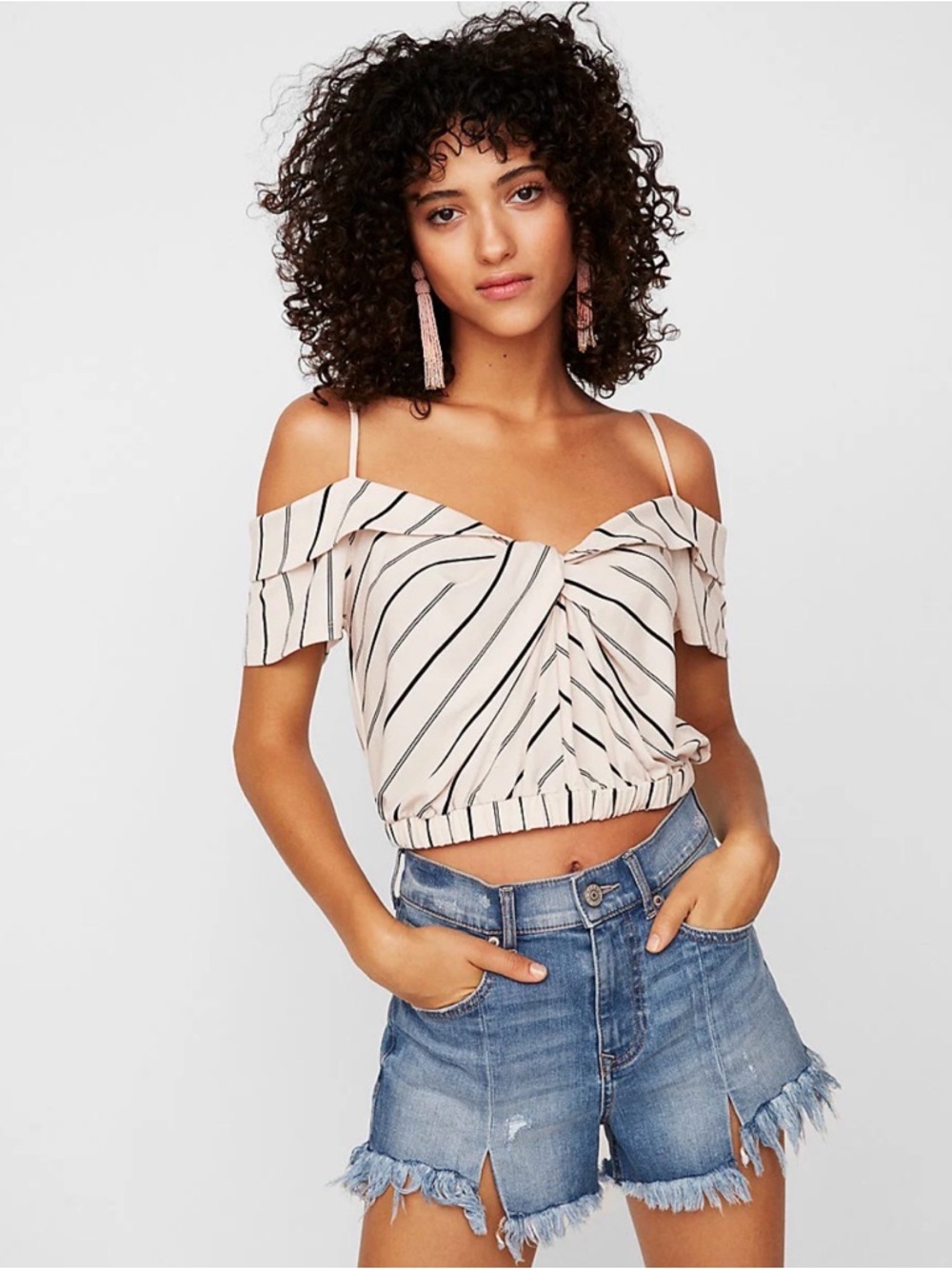 Express Striped Off-Shoulder Twist Front Crop Top